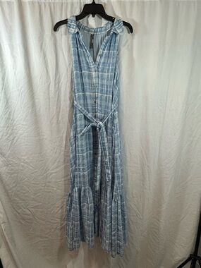 Anthropologie Light Blue Plaid Tie-Waist Maxi Dress M